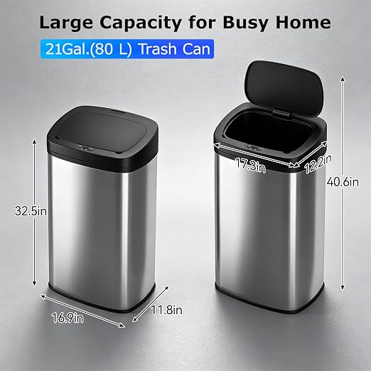 BestOffice | 22 Gallon Stainless Steel Trash Can with Lid | Steel | Automatic Touchless Garbage Can with Motion Sensor | Waterproof & Easy to Clean | For Kitchen, Bathroom, Home or Office