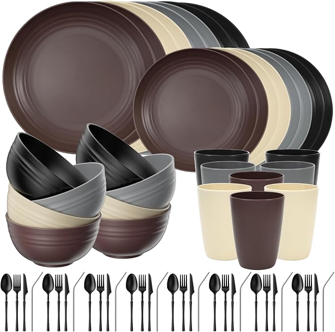 Quatish 64 Piece Plates and Bowls Sets for 8, Unbreakable Dinnerware Sets, Plastic Dish Set for Camping, Dishwasher Microwave Safe, Outdoor Kitchen and Apartment Dinning RV Essentials, Brown