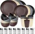 Quatish 64 Piece Plates and Bowls Sets for 8, Unbreakable Dinnerware Sets, Plastic Dish Set for Camping, Dishwasher Microwave Safe, Outdoor Kitchen and Apartment Dinning RV Essentials, Brown