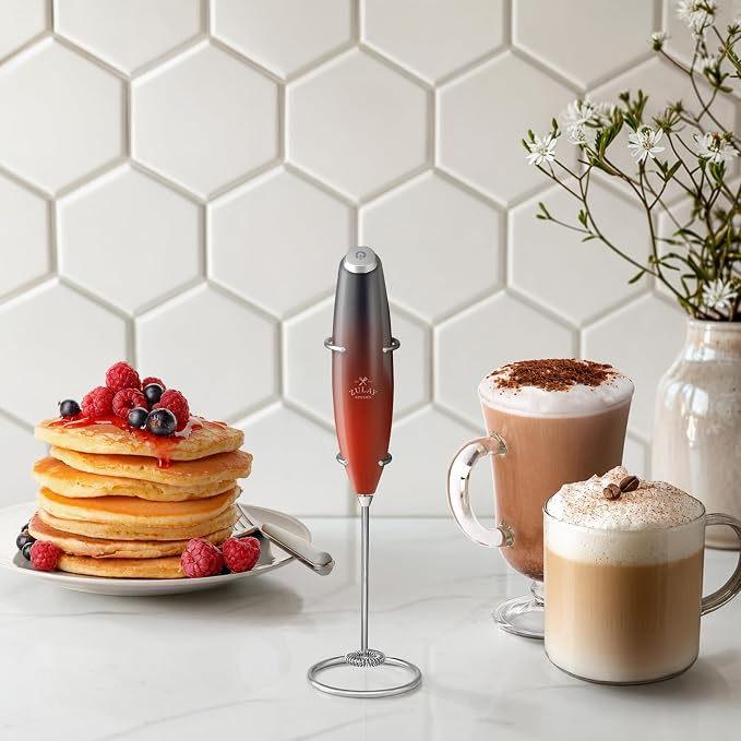 Zulay Kitchen Powerful Milk Frother Wand With Duracell Batteries - Ultra Fast Handheld Drink Mixer - Electric Whisk Foam Maker for Coffee, Lattes, Cappuccino & Matcha - Z1 Motor - Black & Red