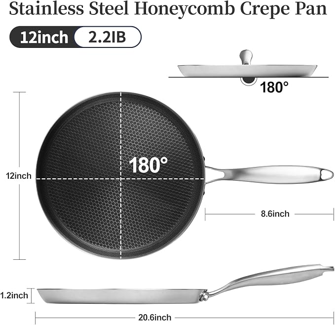 Innerwell 12 Inch Nonstick Crepe Pan, Stainless Steel Pancake Pan-Silver | Honeycomb coating, PFOA-free.Compatible with All Stoves,Stay-Cool Handles.Oven Safe&Dishwasher Safe