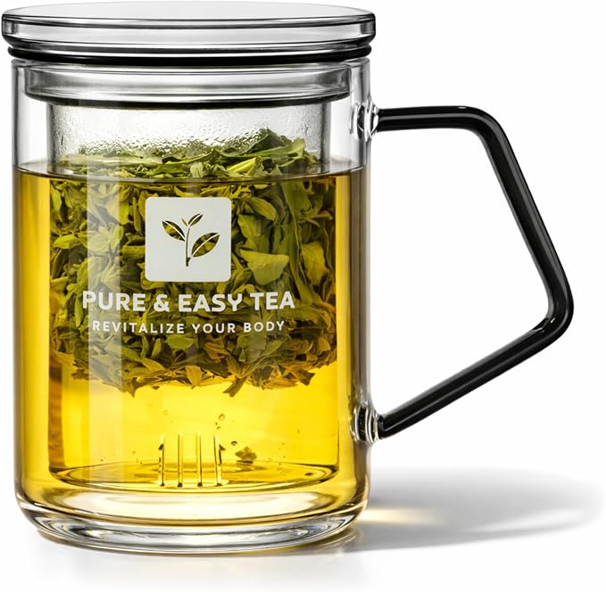 Pure And Easy Tea, Glass Tea Infuser Mug with Lid - Plastic-Free Borosilicate Steeping Cup for Loose Leaf Tea and Tisanes, 400 mL/13.5 oz