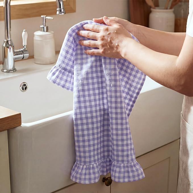 HunnmingRe 2 Pcs Purple Gingham Kitchen Towels Cotton Ruffled | Checked Dish Towels 18"x28" Tea Cloths Plaid Cottage Core Kitchen Decor for Farmhouse Charm Drying Dishes Entertaining Guests