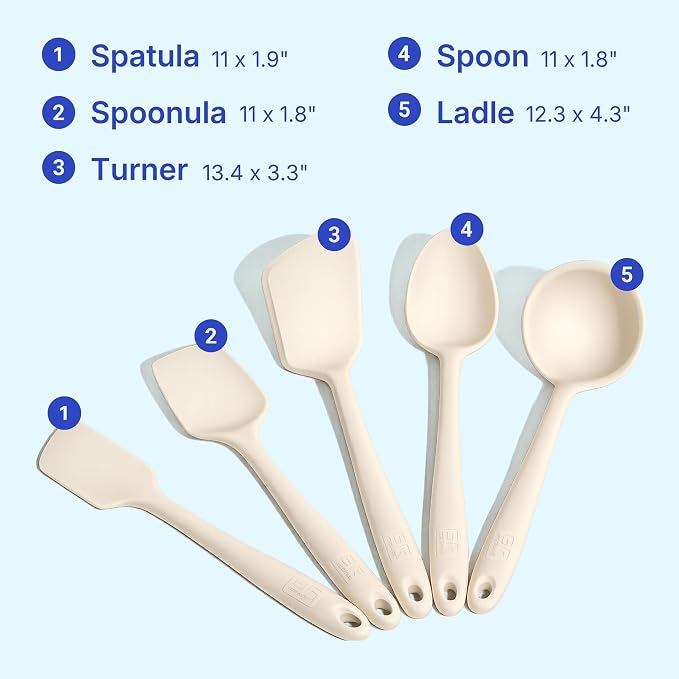 GIR 5-Piece Silicone Kitchen Utensils Set, Non-Toxic Cooking Utensils for Cooking and Baking, Heat Resistant, Food Grade, Dishwasher Safe Rubber Spatula, Ladle, Spoon - Cream