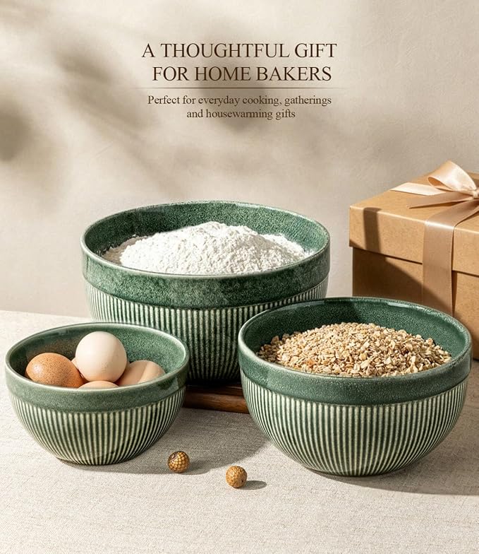 GBhome Ceramic Mixing Bowls Set of 3, Stoneware Nesting Serving Bowls, | 45/90/150 oz For Prep, Baking, Serving, Gift, Microwave and Dishwasher Safe, Ribbed Dishware Collection,Dark Green
