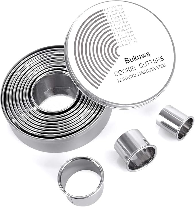 Bukuwa 12 Pcs Round Cookie Biscuit Cutter Set, Graduated Circle Cutters | 18/8 Stainless Steel, Pastry Cookie Cutters, Donut Cutter Ring Molds for Baking, Cooking, Gift