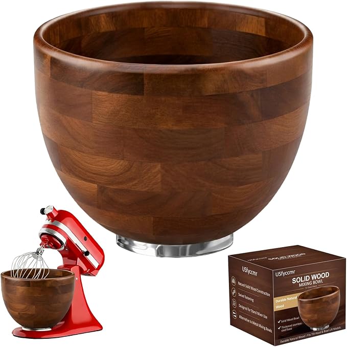 Wood Mixing Bowl Suitable for 4.5-5 QT Tilt-Head Stand Mixers - Natural Wooden Kitchen Accessory - Fits K45 KSM150 Series Natural Wood Mixing Bowl with Steel Locking Base