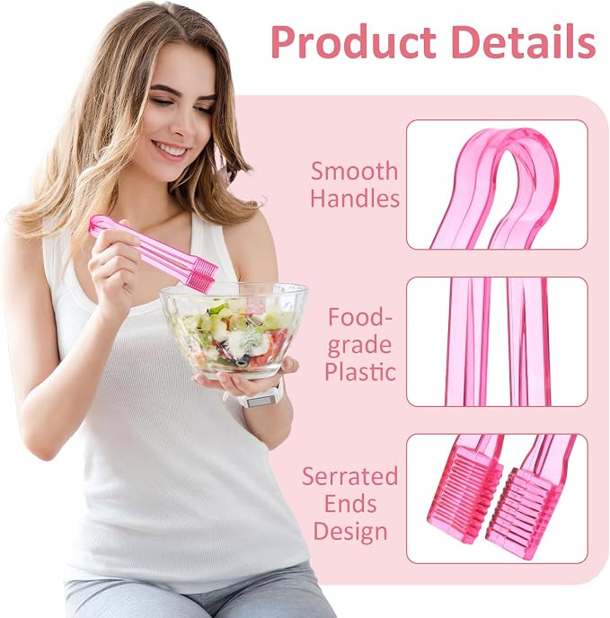 12 PCS Plastic Serving Tongs, 6.3 Inches Pink Disposable Tongs Kitchen Small Serving Utensil Tongs for Party Ice atering Buffet Bakery Salad