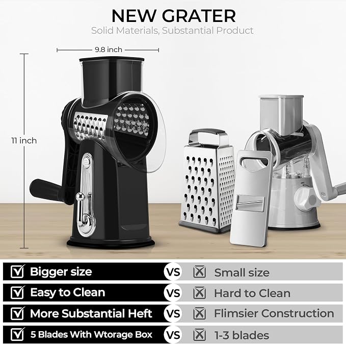 SUSTEAS Rotary Cheese Grater 5 Blades,Kitchen Mandoline Vegetable Slicer | Black, Easy to Clean, Strong Suction Base, 5 Blades Storage Box, Round Mandoline Slicer & Food Chopper for Salad
