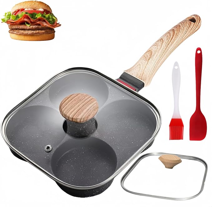HUPECHAM Egg Pan With Lid 4-Cup Nonstick, and Healthy Granite Egg Frying Pan, Versatile Breakfast Skillet for Eggs, Pancakes, Plett, Crepes, Compatible with Gas Stove and Induction Cooktop