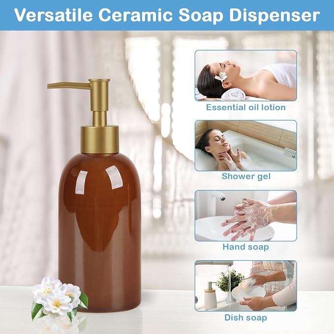 Natheeph 14OZ Ceramic Soap Dispenser Can Fill Liquid for Bathroom, Kitchen | Refillable Hand Soap Dish Soap,Detergent for Kitchen, Bathroom, Soap Pump Dispenser Bottle, Ceramic (Amber)