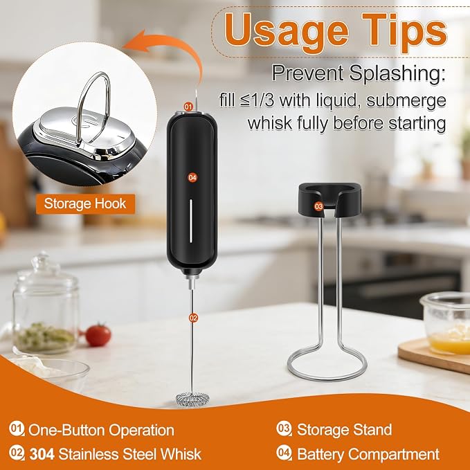 Milk Frother Handheld Battery Operated, Electric Whisk Foam Maker, Handheld Drink Mixer, Mini Frother Wand with Stainless Steel Whisk for Coffee, Cappuccinos, With Stand and Storage Hook
