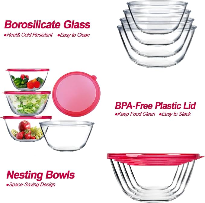 KOMUEE 4 Pack Glass Mixing Bowls Set with Lids (4.8QT, 2.9QT, 1.7QT, 0.8QT) | Glass Nesting Bowls for Kitchen Baking, Cooking and Serving, Oven, Dishwasher, Freezer, and Microwave Safe