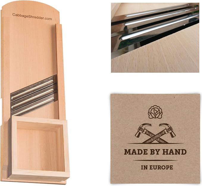 Wooden Cabbage Shredder, Mandoline Slicer for Sauerkraut, Coleslaw. Finger Protection Box, Cut Resistant Glove. Pre-Oiled. Made in Poland!