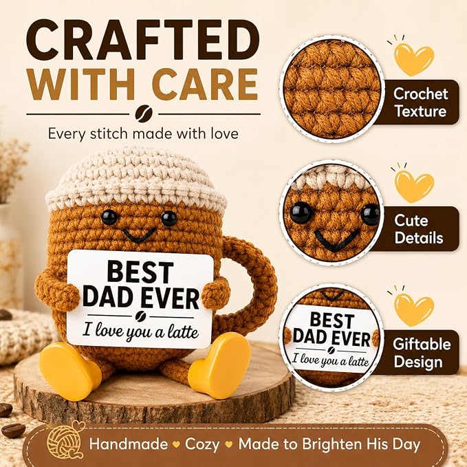 Fathers Day Gift for Dad from Daughter Son, Dad Gifts Crochet Coffee Cup, Best Dad Ever I Love You Handmade Crochet Decor, Birthday Christmas Coffee Lover Gifts for Daddy Papa