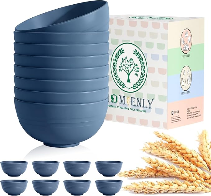 Soup Bowls, Cereal Bowl, Premium Wheat Straw Bowls Set of 8, Unbreakable Plastic Bowls Microwave Safe, Dishwasher Safe Serving Bowl for Kitchen, Breakfast, Dinner, Salad, Poke (Blue, 26 OZ)
