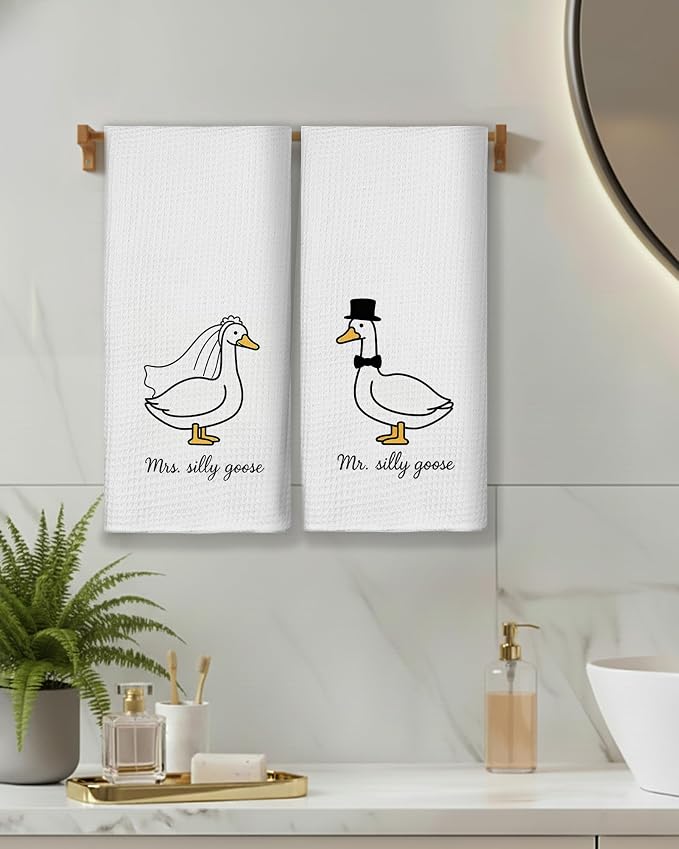 Funny Goose Hand Kithchen Dish Tea Towels for Bathroom Decor,Newlywed Wedding Gifts for Kithchen Decoration,Just Married Mr and Mrs Gifts for the Couple,16x24 Inch Set of 4