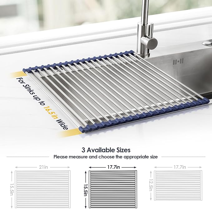 Tomorotec Roll Up Dish Drying Rack Over Sink, 304 Steel, 17.7x15.5, Indigo | Anti-Slip Silicone Rims For Grip, Heat-Resistant Trivet Mat Holding Heavy Cookware, Rustproof Kitchen Counter Space Saver