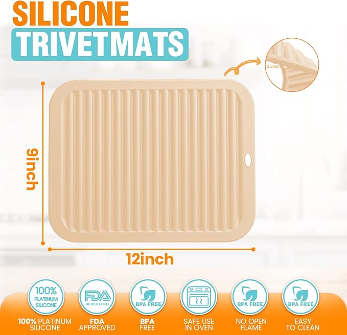 Silicone Trivets for Hot Pots and Pans - 2 Heat Resistant Pot Holders Silicone Trivet Mat Multipurpose Counter Pads (Beige)
