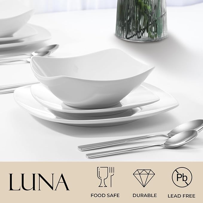 Zulay Kitchen Luna Plates and Bowls Sets, 12 Piece Modern Porcelain Dish Set for 4, Chip and Scratch Resistant Square Dinnerware Set, Microwave and Dishwasher Safe, Pearl White