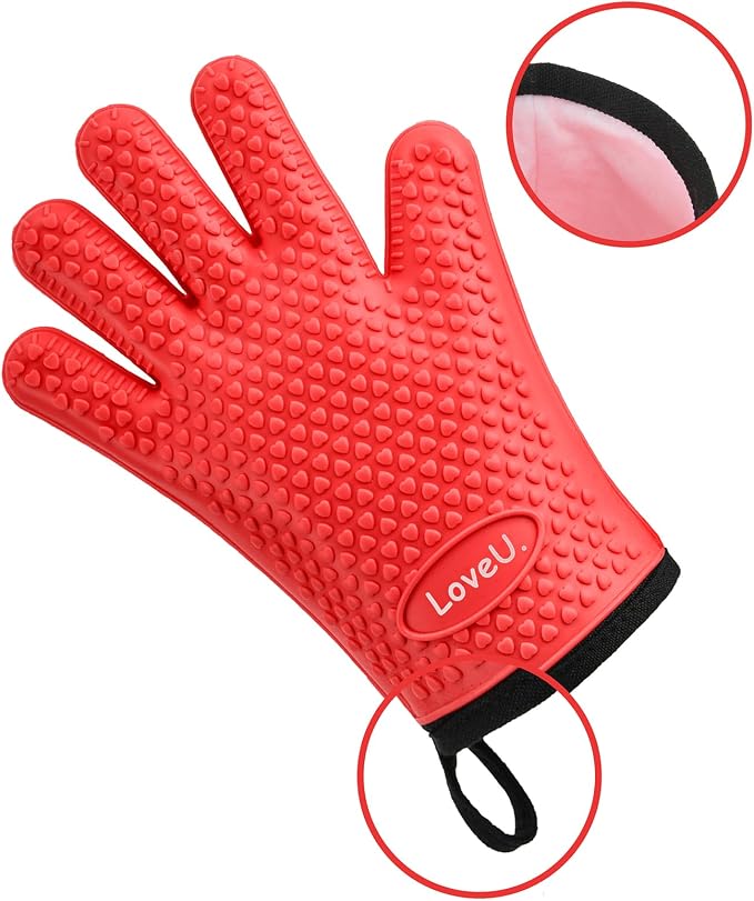 Silicone Oven Mitts Gloves - Heat Resistant, Non-Slip for BBQ, Grilling | 450°F Double-Layer｜Waterproof Kitchen Cooking Barbecue Mittens ｜5 Finger Hot Mitt for Baking, Smoker& Cast Iron(Small)