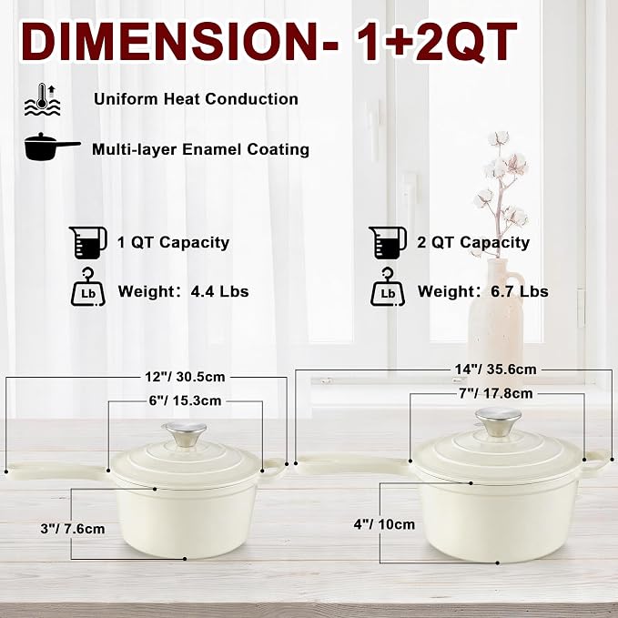 Leonyo 1Qt& 2Qt Saucepan Set, Enamel Cast Iron Dutch Oven Pot, Cream White | For All Cooktops Cooking Pasta, Milk, Oatmeal - Up to 500°F & Nonstick