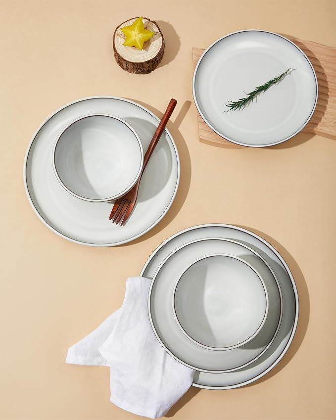 12 piece Santorini Mist Terracotta Reactive Glaze Plates and Bowls Sets, Stoneware Dinnerware Sets, Microwave and Dishwasher Safe Ceramic Dish Set Service for 4, Moonstone White