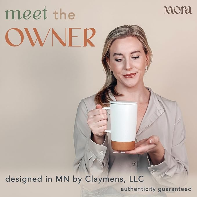 Mora Ceramics Large Tea Mug with Loose Leaf Infuser and Ceramic Lid, 18 oz, Portable, Microwave and Dishwasher Safe, Tall Coffee Cup - Rustic Matte Ceramic Glaze, Modern Herbal Tea Strainer, Cotton