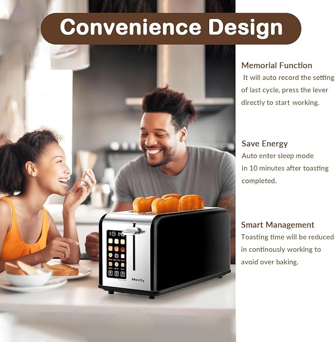 Mecity 4 Slice Toaster with Touchscreen Long Slot, Stainless Steel Smart Bread Toaster for Bagel Muffin Waffle Gluten Free Breads, Timer, Defrost, Reheat, 120V 1400W