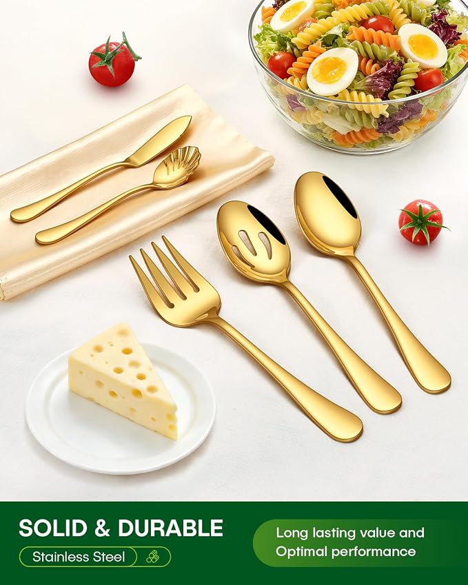 PHILIPALA 45 Piece Gold Silverware Set with Serving Utensils, Stainless Steel Flatware Set for 8 Food Grade Novelty Cutlery Utensil Set Include Knife Fork Spoon Mirror Polished Dishwasher Safe