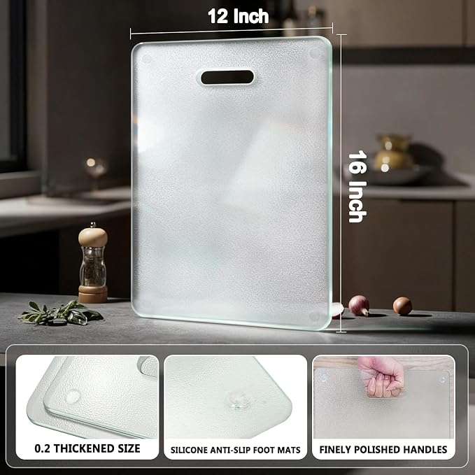 Tempered Glass Cutting Board for Kitchen Counter, 16"x12" Clear Chopping Board with Handle, Non-toxic, Plastic Free, Scratch Resistant, Heat Resistant, Dishwasher Safe, Easy to Clean