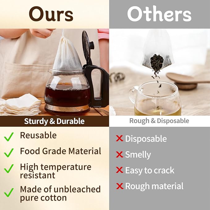 50 Pcs Tea Bags for Loose Leaf Tea, Reusable Tea Bags, Natural Unbleached Cotton Drawstring Sachet Bags, Empty Tea Bags for Spice, Herbs, Sachet & Filter Bags (3 x 4 Inches)