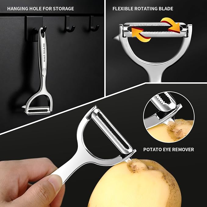 MAD SHARK Y & I Vegetable Peeler 2 Pack, Stainless Steel Serrated Blade Set | Ultra Sharp Vegetable Peelers for Kitchen,Non-slip Ergonomic Grip for Potatoes, Apples, Carrots, Fruits & Veggies