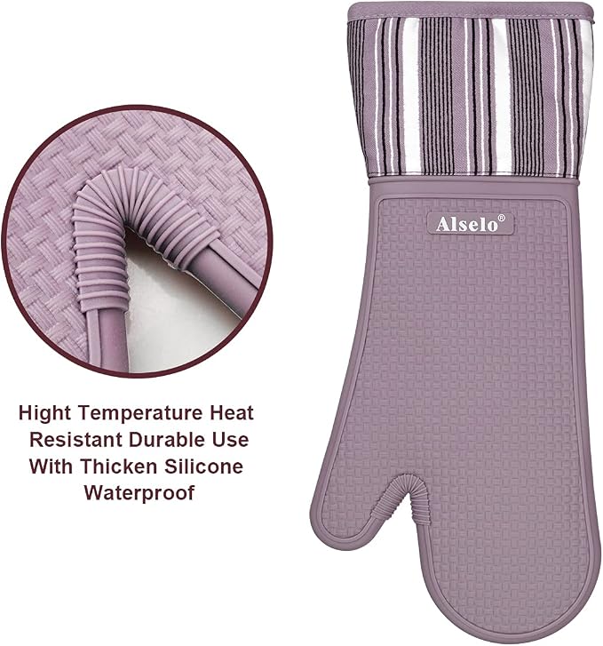 Alselo Silicone Oven Mitts Set, Heat Resistant 550 Degree,7.5"x16" | Extra Long Kitchen Mittens,Waterproof & Non-Silp Oven gloves for Baking Cooking Barbecue Microwave (Extra Long Purple, 2)