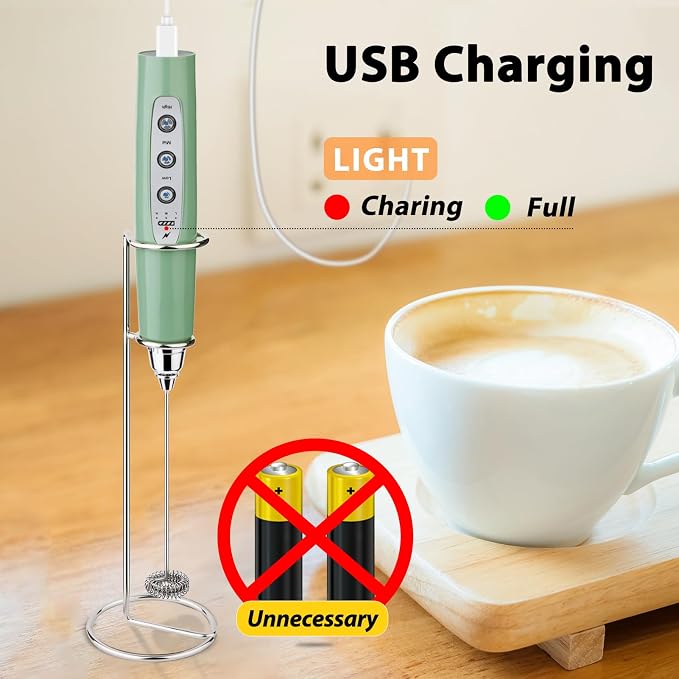 Milk Frother Wand Rechargeable Handheld Electric Whisk 3 Speed Adjustable | Coffee Frother Wand with 3 Stainless Whisks Electric Foam Maker Drink Mixer Blender for Latte Cappuccino Matcha Egg