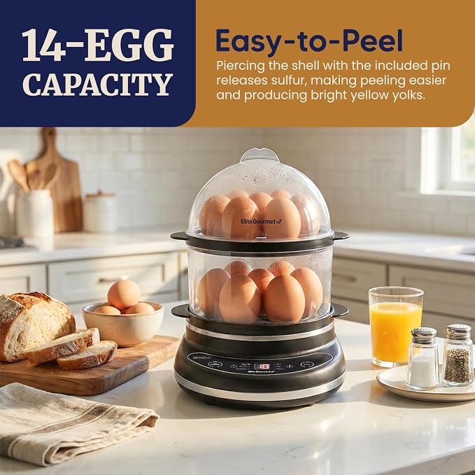 Elite Gourmet EGC314CB Digital Egg Cooker & Food Steamer, 14-Egg, Black | 6 programmed presets for poaching, omelets, and soft, medium, or hard-boiled eggs - 2-tier design with measuring cup