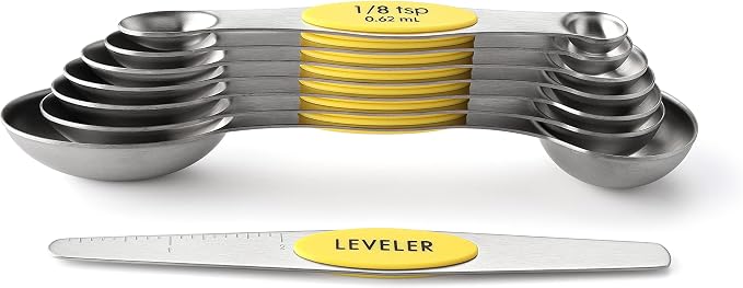 Spring Chef Stainless Steel Magnetic Measuring Spoons Set of 8, Yellow | Dual Sided Teaspoon & Tablespoon Measuring Spoons w/ Leveler for Dry & Liquid Ingredients, Measure Spoons for Baking, Cooking