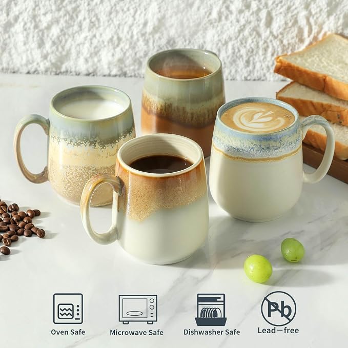 HASENSE Ceramic Coffee Mugs Set of 4, 16 oz Large Reactive Glaze Mugs | Everyday Capacity, 4 Unique Reactive Glazes, Durable Ceramic, Idea Gift Mug Set