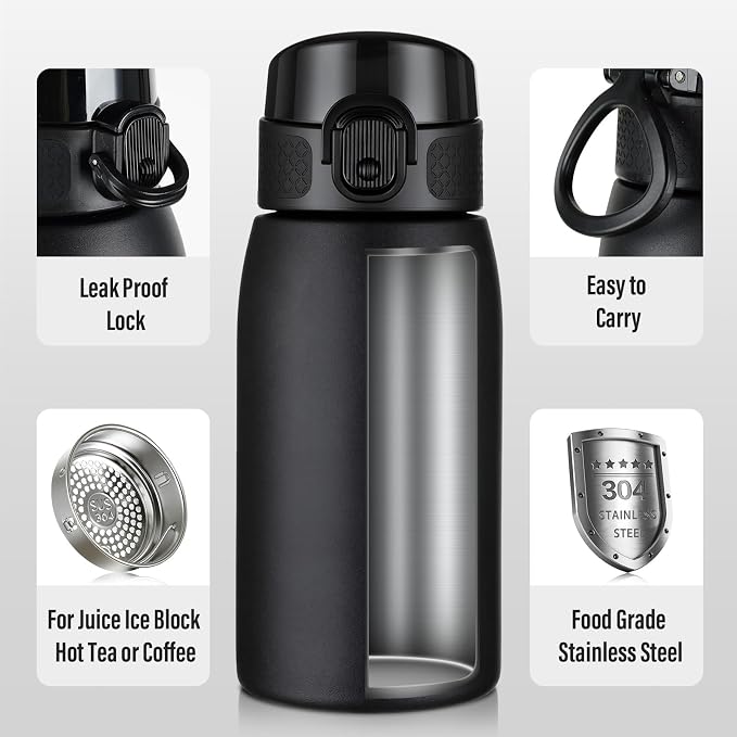 Insulated Water Bottle 12 oz with Dustproof Lid, Carry Handle & Tea Infuser, BPA-Free & Leakproof, Stainless Steel Water Bottles Ideal for Fitness, Hiking, Office & Outdoor Use （Black ）