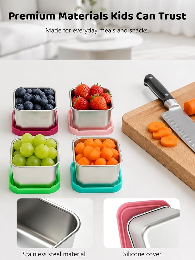 HTEVW 6 Pack Stainless Steel Snack Containers for Kids, 6 oz Food Container | Reusable leak resistant silicone lids food containers . Perfect for school lunch, daycare, travel and portion control.