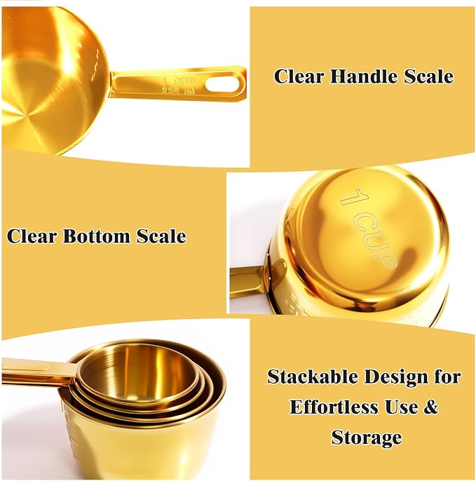 13pcs Gold Stainless Steel Measuring Cups and Spoons Set, 8 Double-Sided Magnetic Measuring Spoons Set & 4 Metal Measuring Cups & 1 Leveler for Kitchen Dry & Liquid Cooking Baking