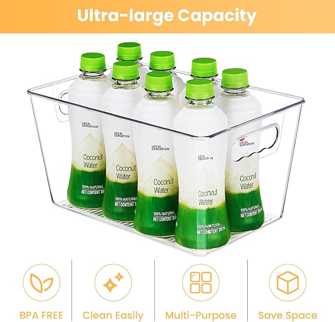 YIHONG Clear Plastic Storage Organizer Bins, 4 Pack Pantry Food Storage Bins with Handle for Kitchen,Refrigerator, Freezer,Cabinet Organization and Storage | Plastic Bins, Pantry Storage Containers for Kitchen, Freezer, Cabinet, Closet, Bathroom, Under...