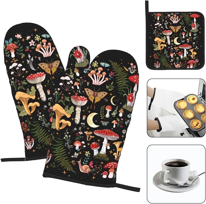 Black Mushroom Oven Mitts and Pot Holders Sets of 3 Witchy Hot Pads | Heat Resistant Oven Gloves for Cooking Grilling Baking Kitchen Decor Aesthetic, Witchy Gifts Mushroom Gifts for Women