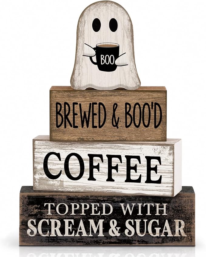 Lineshading 4 Pcs Halloween Ghost Blocks, Wooden Coffee Farmhouse Decor | Tiered Tray Decor for Home, Coffee Bar Table Decoration, Stacking Blocks with BOO Topper, Rustic Halloween Accents