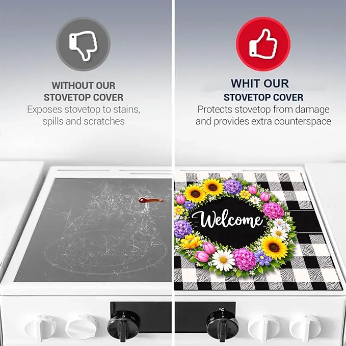 HOMETITUTE Spring Stove Top Covers for Electric Stove 28x20 Inches Welcome Floral Ring Buffalo Plaid Glass Cooktop Protector Pad Decorative Stovetop Cover Dish Drying Mats for Kitchen Decor