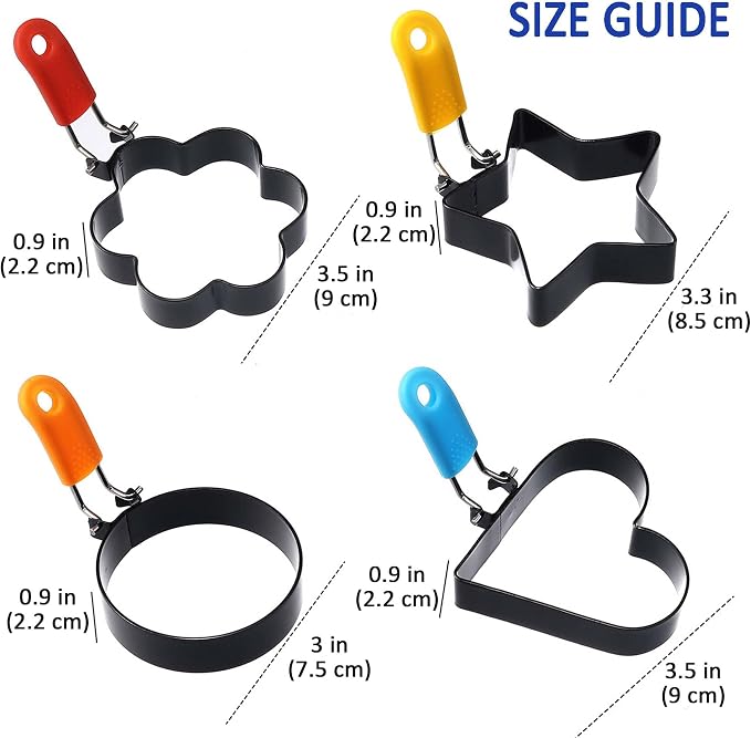 4 Pcs DelloidMaz Nonstick Stainless Steel Egg Rings of Different Shapes with 1 Oil Brush & 1 Egg Separator, Egg Molds Great for Frying and Shaping of Muffins, Pancakes, Sandwiches (4 shapes)