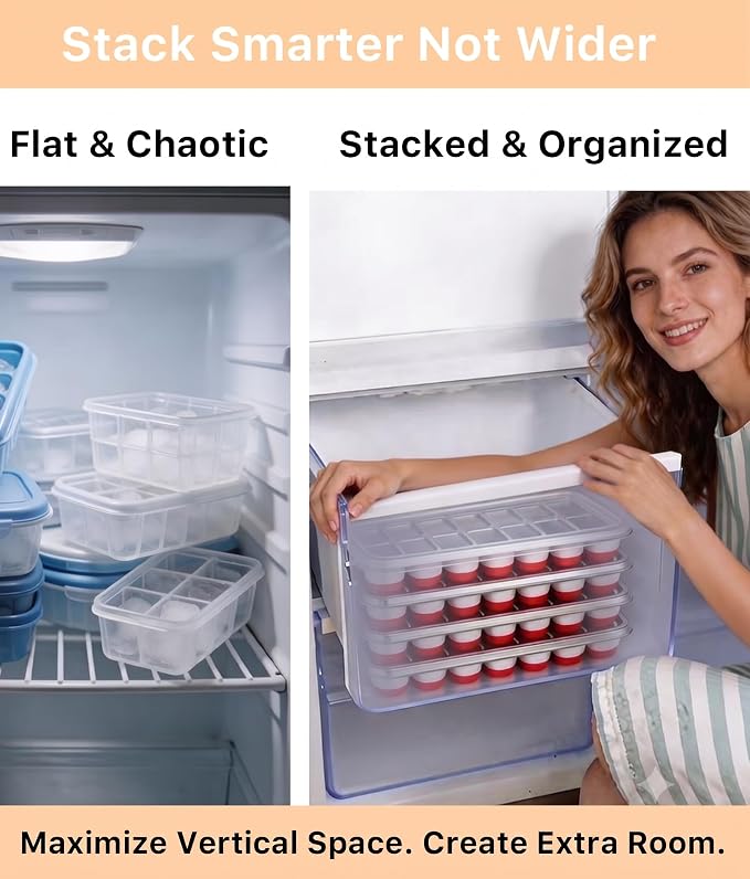 Ice Cube Trays for Freezer with Lids and Storage Bin, 4 Pack | Easy-release BPA-free ice molds with stackable lids, storage bin and dishwasher-safe design for coffee, whiskey and cocktails