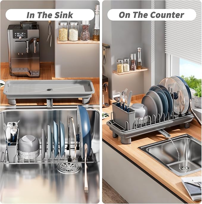 Small Dish Drying Rack, Stainless Steel with Drain Board & Utensil Holder | Anti-Scratch Base, Space Saving Design for Kitchen Counter, Grey