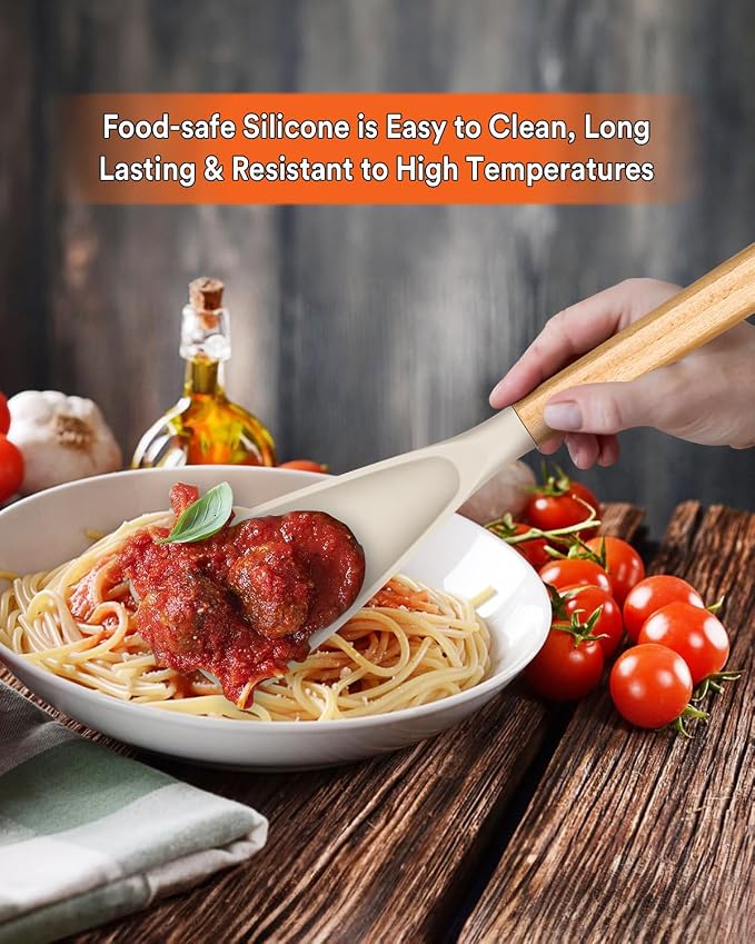 Multifunction Spoon for Nonstick Cookwares, Great for Cooking and Serving, Sturdy BPA-Free Matte Silicone, Wood Handle spoonula for Mixing, Scoop, and Scrape, Khaki(2 pack,11.4" & 13.4")