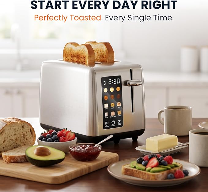 Elite Gourmet 2-Slice Toaster, Digital Countdown, Stainless Steel | One-Touch Presets, Defrost, Reheat & Cancel, Extra-Wide Slots Fit Bagels & Thick Bread